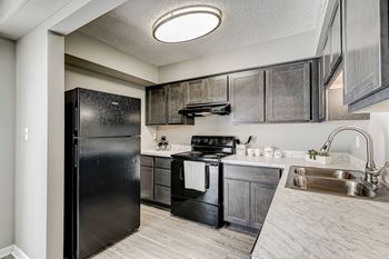 A black refrigerator is in a kitchen with a stove and sink.